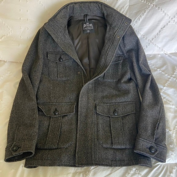 Men’s small express jacket charcoal gray peacoat full zip with snaps - Picture 1 of 7